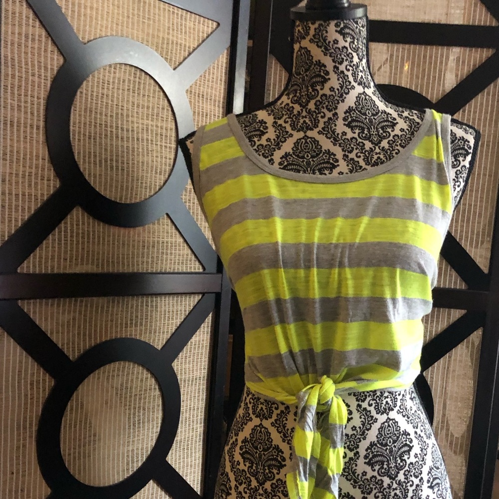 FOREVER 21 Chartreuse & Grey Stripe Tie Crop Top